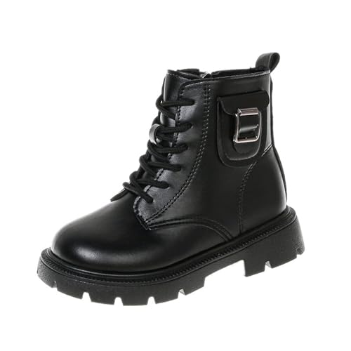 ANHATUIV Mädchen Combat Stiefeletten Schnalle Schnürschuhe rutschfest Kunstleder Vielseitig Multitype Wasserbeständigkeit Winter Herbst Schuhe für Schule, A Schwarz, 29 EU von ANHATUIV