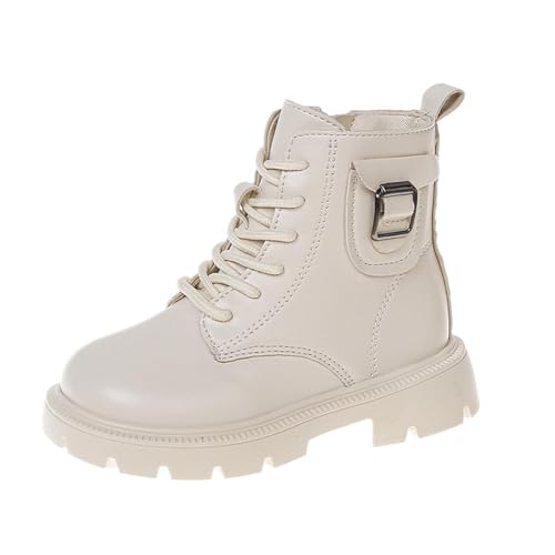 ANHATUIV Mädchen Combat Stiefeletten Schnalle Schnürschuhe rutschfest Kunstleder Vielseitig Multitype Wasserbeständigkeit Winter Herbst Schuhe für Schule, A White, 31 EU von ANHATUIV