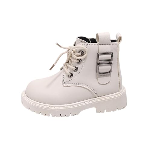 ANHATUIV Mädchen Combat Stiefeletten Schnalle Schnürschuhe rutschfest Kunstleder Vielseitig Multitype Wasserbeständigkeit Winter Herbst Schuhe für Schule, B, weiß, 24 EU von ANHATUIV
