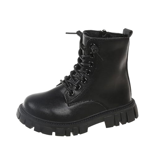ANHATUIV Mädchen Combat Stiefeletten Schnalle Schnürschuhe rutschfest Kunstleder Vielseitig Multitype Wasserbeständigkeit Winter Herbst Schuhe für Schule, D Schwarz, 31 EU von ANHATUIV