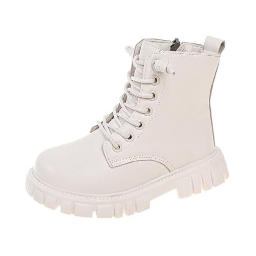 ANHATUIV Mädchen Combat Stiefeletten Schnalle Schnürschuhe rutschfest Kunstleder Vielseitig Multitype Wasserbeständigkeit Winter Herbst Schuhe für Schule, D Weiß, 32 EU von ANHATUIV