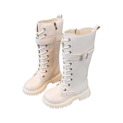 ANHATUIV Mädchen Hohe Stiefel 4-11 Alter Verstellbare Schnalle Schnürer Klassisch Einfarbig Combat Biker Reitstiefel Kinder Winter Knieschuhe für Casual Outdoor, A White, 32 EU von ANHATUIV