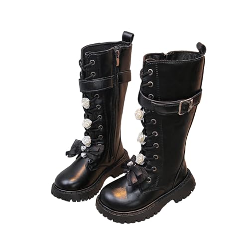 ANHATUIV Mädchen Hohe Stiefel 4-11 Alter Verstellbare Schnalle Schnürer Klassisch Einfarbig Combat Biker Reitstiefel Kinder Winter Knieschuhe für Casual Outdoor, B Schwarz, 32 EU von ANHATUIV