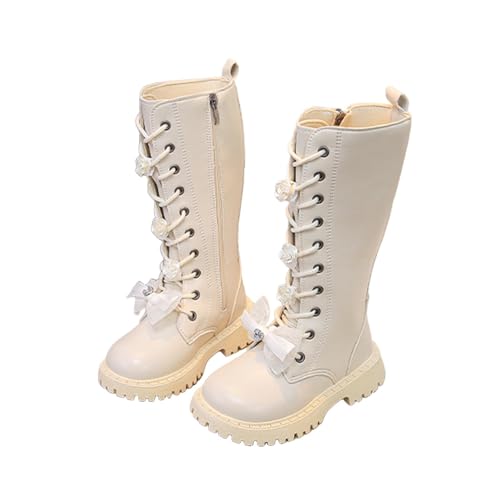 ANHATUIV Mädchen Hohe Stiefel 4-11 Alter Verstellbare Schnalle Schnürer Klassisch Einfarbig Combat Biker Reitstiefel Kinder Winter Knieschuhe für Casual Outdoor, C Weiß, 27 EU von ANHATUIV