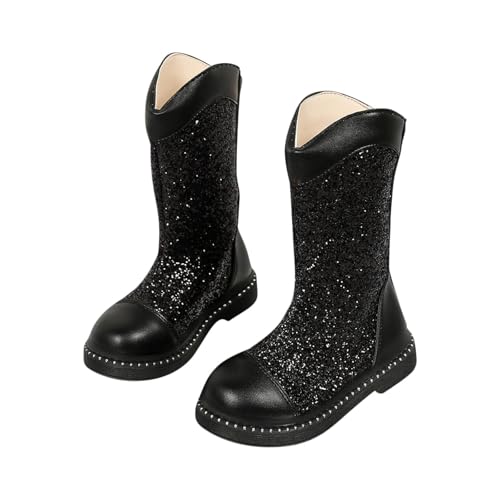 ANHATUIV Mädchen Pailletten Stiefel Sparkle Knie Schuhe Pearl Bow Kunstleder Prinzessin Mid Calf Wasserabweisend Winter Lange Schuhe für Festival, B Schwarz, 17 EU von ANHATUIV