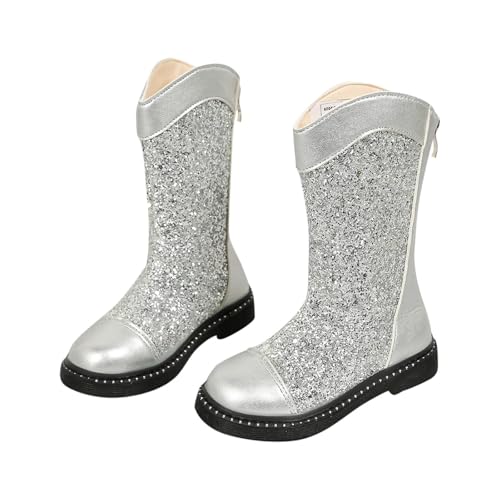 ANHATUIV Mädchen Pailletten Stiefel Sparkle Knie Schuhe Pearl Bow Kunstleder Prinzessin Mid Calf Wasserabweisend Winter Lange Schuhe für Festival, B Silber, 30 EU von ANHATUIV