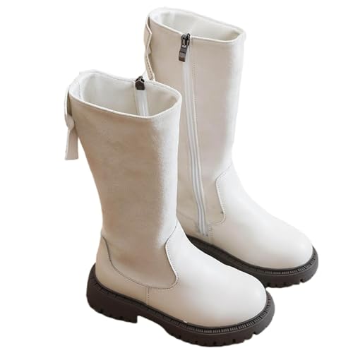 ANHATUIV Mädchen Pailletten Stiefel Sparkle Knie Schuhe Pearl Bow Kunstleder Prinzessin Mid Calf Wasserabweisend Winter Lange Schuhe für Festival, C Weiß, 32 EU von ANHATUIV
