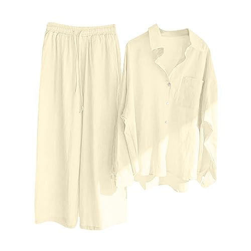 Black Week Deals Zwei Stück Leinen Outfit Frauen Verkauf Plus Größe Leinen Co Ord Set Sommer Langarm Knopf Hemden Breite Bein Hosen Lounge Tragen Strandanzug Trainingsanzüge für Ausgehen Clearance von ANHATUIV
