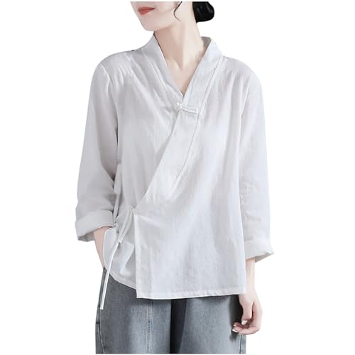 Chinesischer Stil Kleidung Frauen Tops Damen Baumwolle Leinen Hemden Chinesischer Stil Frosch Knopf Top Blusen Vintage 3/4 Ärmel Bluse Sommer Vintage Wickeltunika Shirts Tang-Anzug Atmungsaktiv Casual von ANHATUIV