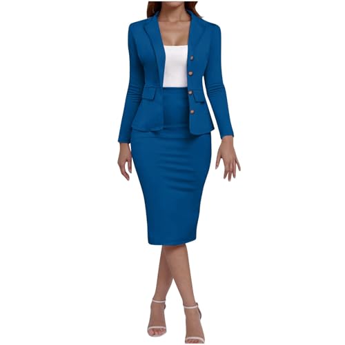 Damen Rock Anzüge 2 Stück Anzug Rock Set Business Casual Langarm Blazer und Bleistiftrock Solide Slim Fit Jacke Rock Elegant Büro Hochzeitsgäste, blau, XXL von ANHATUIV