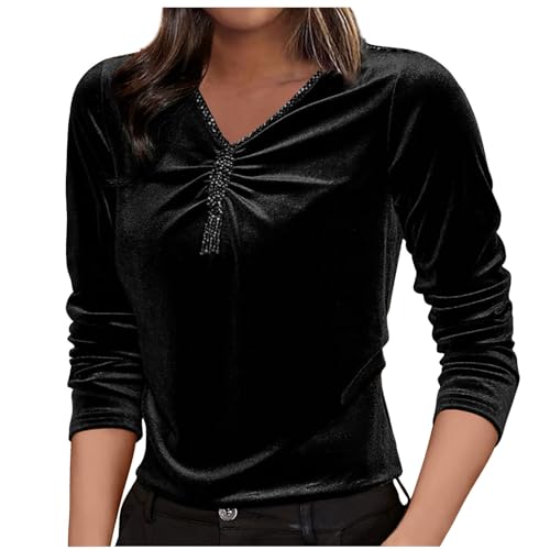 Rabatt Festliche Oberteile Damen Damen Samt Top Elegant Samt Langarmshirt Winter Sweatshirt Rundhals Pullover Velvet Samtshirt Langarm Bluse Pulli Tops Slim Fit Shirt für Party Club Große Größen von ANHATUIV