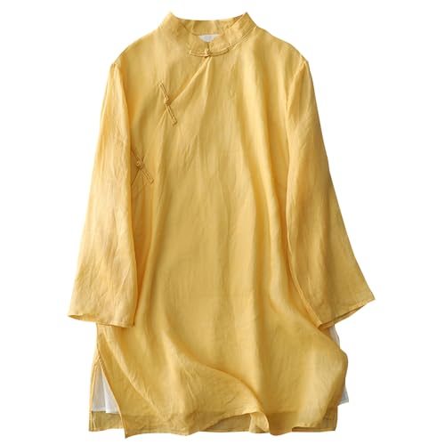 Tops für Damen Leinen Tops für Damen Vintage Frosch Button Top Blusen Retro chinesische Tunika Shirt Stand-Up Kragen Schlanke dünne Seite Split Shirt Chinesische Hanfu Longline Shirts von ANHATUIV