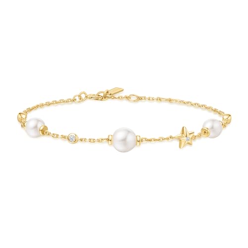 ANIA HAIE Damen Armband Miss Dainty Shell Pearl and Star Station aus 925 Sterling Silber 14k verdgoldet, besetzt mit 4 Muschelperlen und 7 Zirkonia, Länge: 16,5 + 2 cm Verlängerung von ANIA HAIE