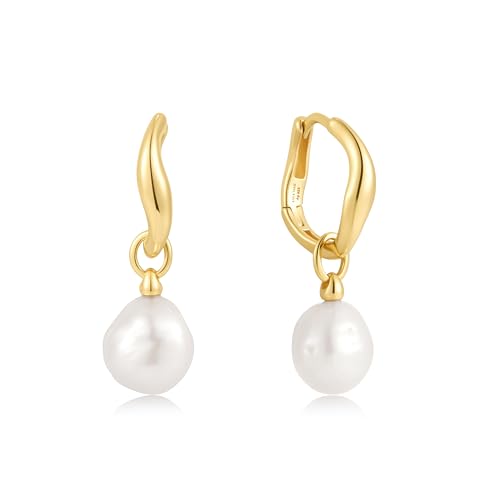 ANIA HAIE Damen Creolen Chic Creator Freshwater Pearl Drop Hoops aus 925 Sterling Silber 14k Gold vergoldet, verziert mit 2 Süßwasserperlen, Größe: 12 x 1,5~3 mm, inkl. Geschenkverpackung von ANIA HAIE