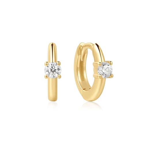 ANIA HAIE Damen Creolen Dusk Divas Solitaire Cubic Zirconia Mini Huggies aus 925 Sterling Silber 14k Gold vergoldet, besetzt mit 2 Zirkonia, Größe: 6,5 x 1,2 mm, inkl. Geschenkverpackung von ANIA HAIE