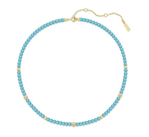 ANIA HAIE Damen Halskette Chill Voyager Lab Created Turquoise aus 925 Sterling Silber 14k Gold vergoldet, verziert mit 94 künstlichen Türkis, 6 Goldperlen und 6 Zirkonia, Länge: 38 cm + 7,5 cm von ANIA HAIE