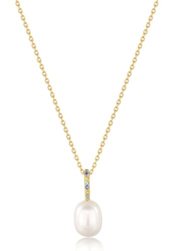 ANIA HAIE Damen Halskette MODERN MUSE aus 925 Sterling Silber 14k vergoldet, besetzt mit 16 Farbedelsteinen und einer Perle, Größe: 45 cm + 5 cm Verlängerung, inkl. Geschenkverpackung von ANIA HAIE