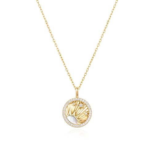 ANIA HAIE Damen Halskette Sunshine Chaser Shiny Sun Star Necklace 925 Sterling Silber 14k Gold vergoldet, Anhänger verziert mit 49 Zirkonia und Perlmutt 1, Länge: 45 cm + 5 cm Verlängerung von ANIA HAIE