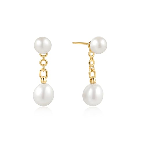 ANIA HAIE Damen Ohrstecker Chic Creator Freshwater Pearl Stud Ear Jackets aus 925 Sterling Silber 14k Gold vergoldet, verziert mit 4 Süßwasserperlen, Größe: 13,5 mm, Perlen Größe: 6,5~7 mm von ANIA HAIE