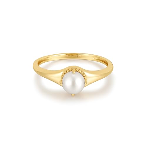 ANIA HAIE Damen Ring Chic Creator Freshwater Pearl Stacking aus 925 Sterling Silber 14k Gold vergoldet, verziert mit Einer Süßwasserperle, EUR Größe: 58, inkl. Geschenkverpackung von ANIA HAIE