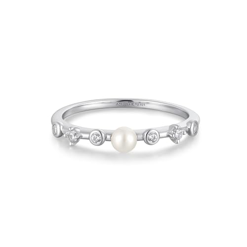 ANIA HAIE Damen Ring CHIC Creator Bezel Set Ring aus 925 Sterling Silber, besetzt mit Einer Süßwasserperle und 6 Zirkonia, EUR Größe: 56, inkl. Geschenkverpackung von ANIA HAIE