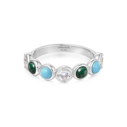 ANIA HAIE Damen Ring Chill Voyager Bezel Malachite and Lab Created aus 925 Sterling Silber, besetzt mit 2 Malachit, 2 künstlichen Türkis und 3 Zirkonia, EUR Größe: 54, inkl. Geschenkverpackung von ANIA HAIE