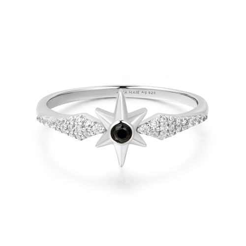ANIA HAIE Damen Ring Dusk Divas Black Onyx Star aus 925 Sterling Silber, besetzt mit 1 Schwarzer Achat, EUR Größe 56, inkl. Geschenkverpackung von ANIA HAIE
