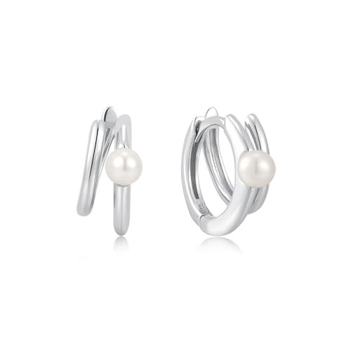 ANIA HAIE Damen Creolen Chic Creator Parallel Duo Freshwater Pearl Huggies aus 925 Sterling Silber, verziert mit 2 Süßwasserperlen, Größe: 13,5 x 5,7 mm, inkl. Geschenkverpackung von ANIA HAIE