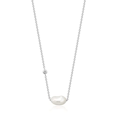 Ania Haie Damen Halskette Pearl Of Wisdom aus Sterling Silber, besetzt mit einem Zirkonia und einem Süßwasserperlenanhänger, Länge 38cm + 5cm Verlängerung, inkl. Geschenkverpackung von ANIA HAIE