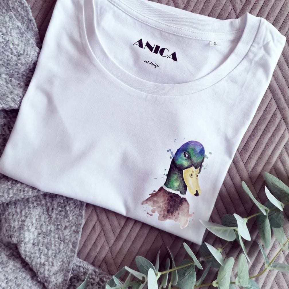 Damen Shirt Grünköpfige Ente, Aquarellmalerei, Tshirt Mit Vogel, Biobaumwolle, Geschenk Idee Für Frau von ANICAartdesign