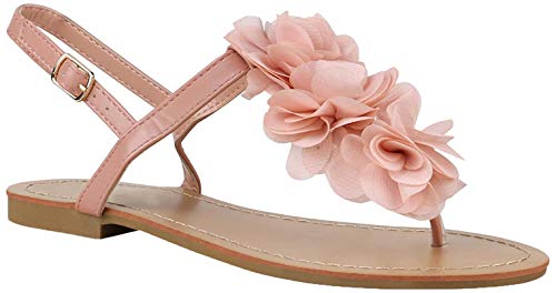 stiefelparadies Damen Dianetten Blumen Sandalen Zehentrenner Sommer Flats Beach Zierperlen Schuhe 135354 Apricot 37 Flandell von ANICEMOON