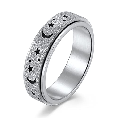 ANIEJUFI Edelstahl-Spinner-Ring, leuchtender Mond und Stern, Fidget Stressabbau, Angstringe für Damen und Herren, Größe 4–12, Metall, Kein Edelstein von ANIEJUFI