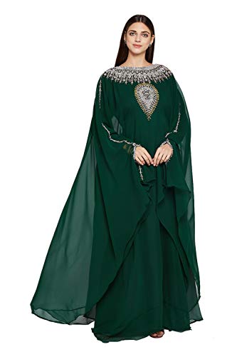 ANIIQ Bottle Green Georgette Hand genähtes gestickte Farasha Kaftan lange Abend-Abend-Kleid mit freiem Hijab SNM810BG von ANIIQ