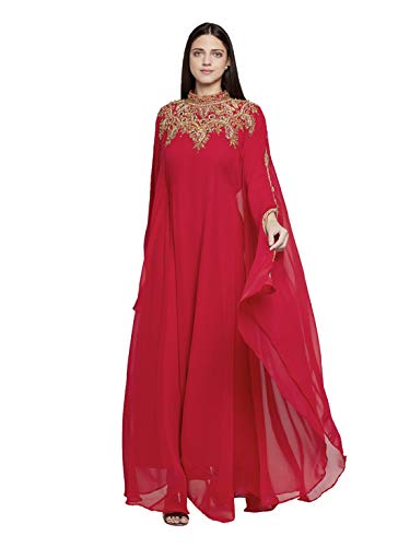 ANIIQ Georgette Abendkleid mit besticktem Farasha Kaftan, lang, mit Hijab SNM804, Ganz bedeckt, rot, Einheitsgröße von ANIIQ
