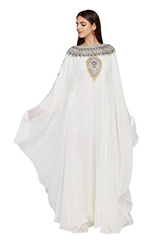 ANIIQ Georgette Hand genähtes gestickte Farasha Kaftan Langer Abend-Abend-Kleid mit freiem Hijab SNM810OW, Off White, Einheitsgröße von ANIIQ