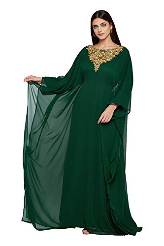 Damen Farasha Besticktes Kaftan Langes Kleid Faux Georgette Ethno, Abend, Braut, Party, Kleid mit Gratis Schal, Flaschengrün,S von ANIIQ