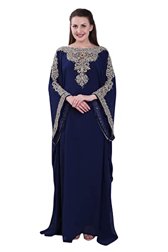 Damen Farasha Besticktes Kaftan Langes Kleid Faux Georgette Ethno, Abend, Braut, Party, Kleid mit Gratis Schal, Marineblau,S von ANIIQ