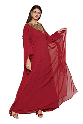 Damen Farasha Besticktes Kaftan Langes Kleid Faux Georgette Ethno, Abend, Party, Braut, Kleid mit Gratis Schal, Kastanienbraun,S von ANIIQ