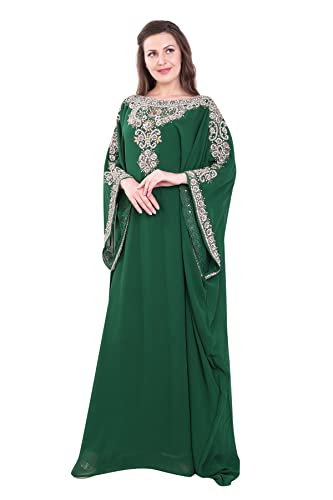 Damen Farasha Besticktes Kaftan Langes Kleid Faux Georgette Ethno, Braut, Abend, Party, Kleid mit Gratis Schal, Flaschengrün,S von ANIIQ