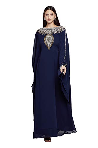 Damen Farasha Besticktes Kaftan Langes Kleid Faux Georgette Ethno, Braut, Abend, Party, Kleid mit Gratis Schal - Marineblau,L von ANIIQ