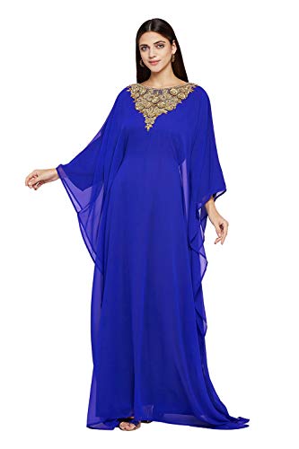 Damen Farasha Besticktes Kaftan Langes Kleid Faux Georgette Ethno, Party, Abend, Braut, Kleid mit Gratis Schal, Königsblau,S von ANIIQ