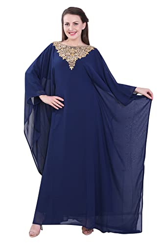 Damen Farasha Besticktes Kaftan Langes Kleid Faux Georgette Ethno, Party, Abend, Braut, Kleid mit Gratis Schal - Marineblau,L von ANIIQ