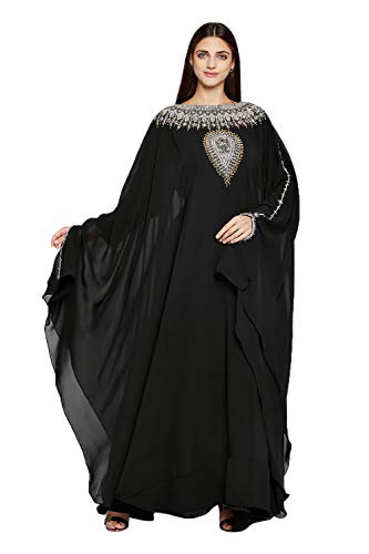 Damen Farasha Besticktes langes Kaftan-Kleid aus Kunst-Georgette, Ethnisch, Braut, Abend, Party, Kleid mit kostenlosem Schal - Schwarz,L von ANIIQ