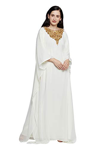 Damen Farasha besticktes langes Kaftan-Kleid, faux Georgette, ethnisch, Party, Abend, Braut, Kleid mit kostenlosem Schal, gebrochenes Weiß,S von ANIIQ