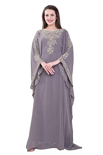 Damen Farasha besticktes langes Kaftan-Kleid aus Kunst-Georgette, Ethnisch, Braut, Abend, Party, Kleid mit kostenlosem Schal – Grau von ANIIQ