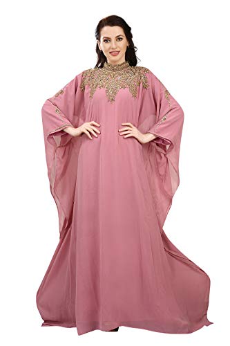 Damen Kaftan Farasha Langes Maxikleid mit Langen Ärmeln Ethnisch, Braut, Abend, Party, Kleid mit kostenlosem Schal - Blush Pink,L von ANIIQ