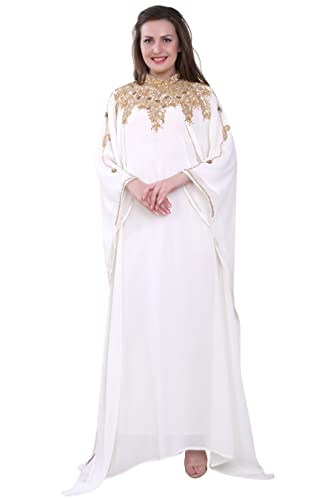 Damen Kaftan Farasha Langes Maxikleid mit Langen Ärmeln Ethnisch, Braut, Abend, Party, Kleid mit kostenlosem Schal - Off White,S von ANIIQ