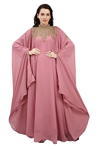 Damen Kaftan Farasha Langes Maxikleid mit Langen Ärmeln Ethnisch, Braut, Abend, Party, Kleid mit gratis Schal Blush Pink von ANIIQ