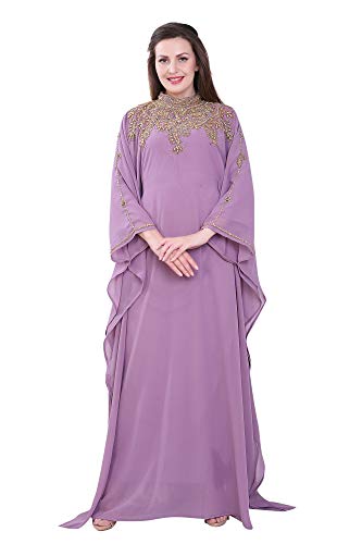 Frauen Farasha Bestickt Kaftan Langes Kleid Faux Georgette Ethnisch, Braut, Abend, Party Kleid mit Free Scarf |, Hellviolett, Einheitsgröße von ANIIQ