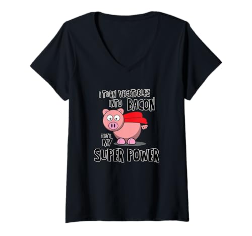 Damen Lustiges Schwein T-Shirt; Bacon Thats My Super Power T-Shirt mit V-Ausschnitt von ANIMALS